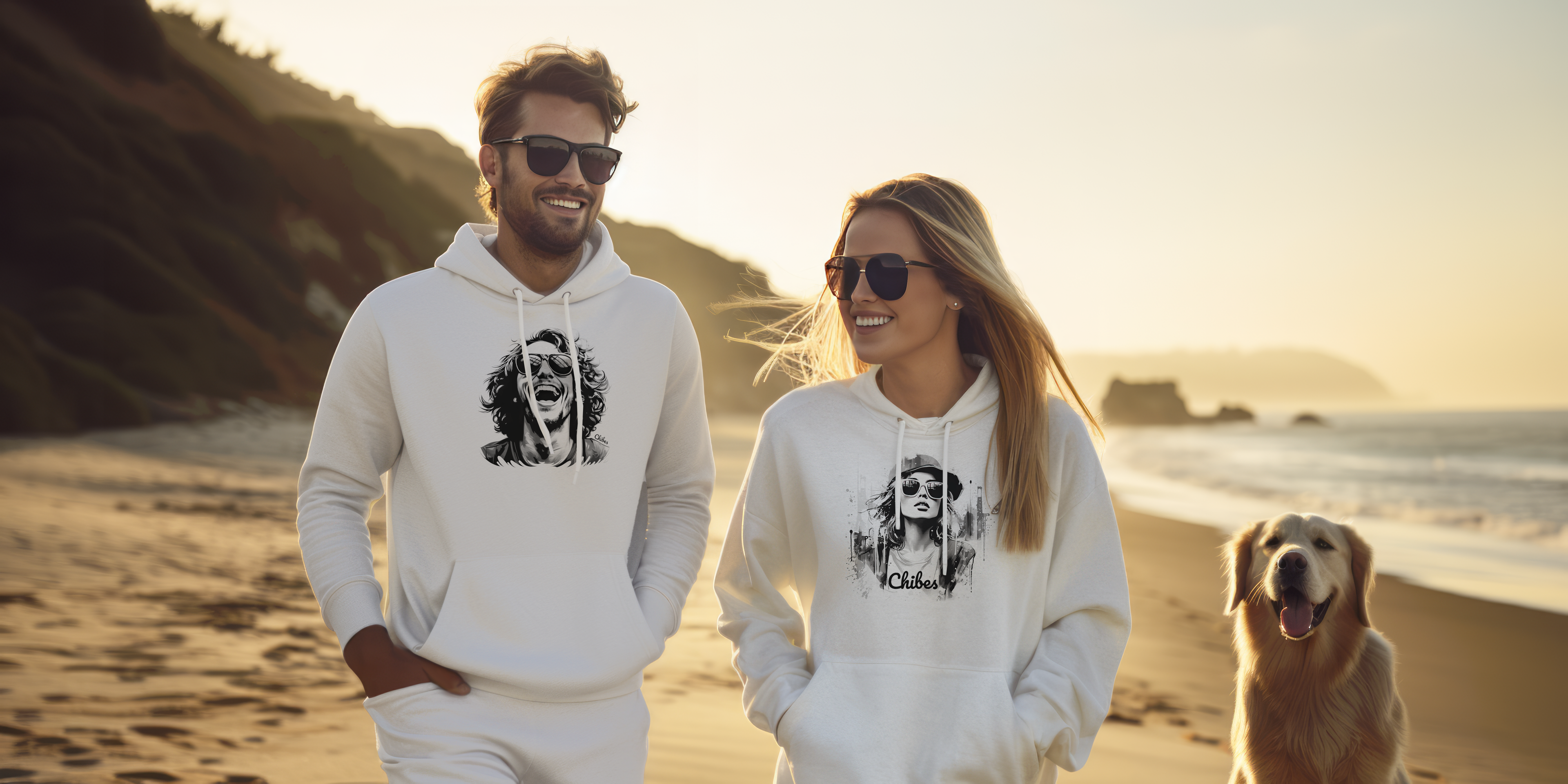 Chibes streetwear: Couple with white premium hoodies walking on beach with dog.